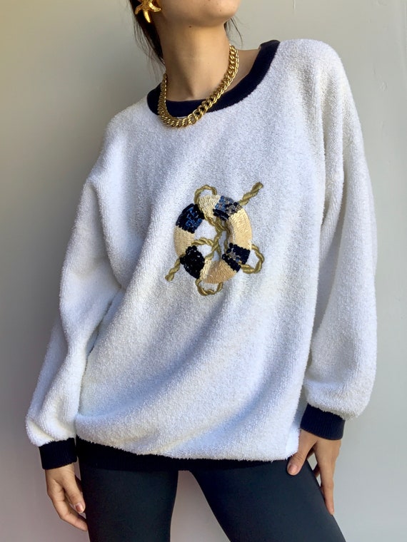 Escada Sequin Sailor Graphic Terrycloth Sweatshirt - image 10