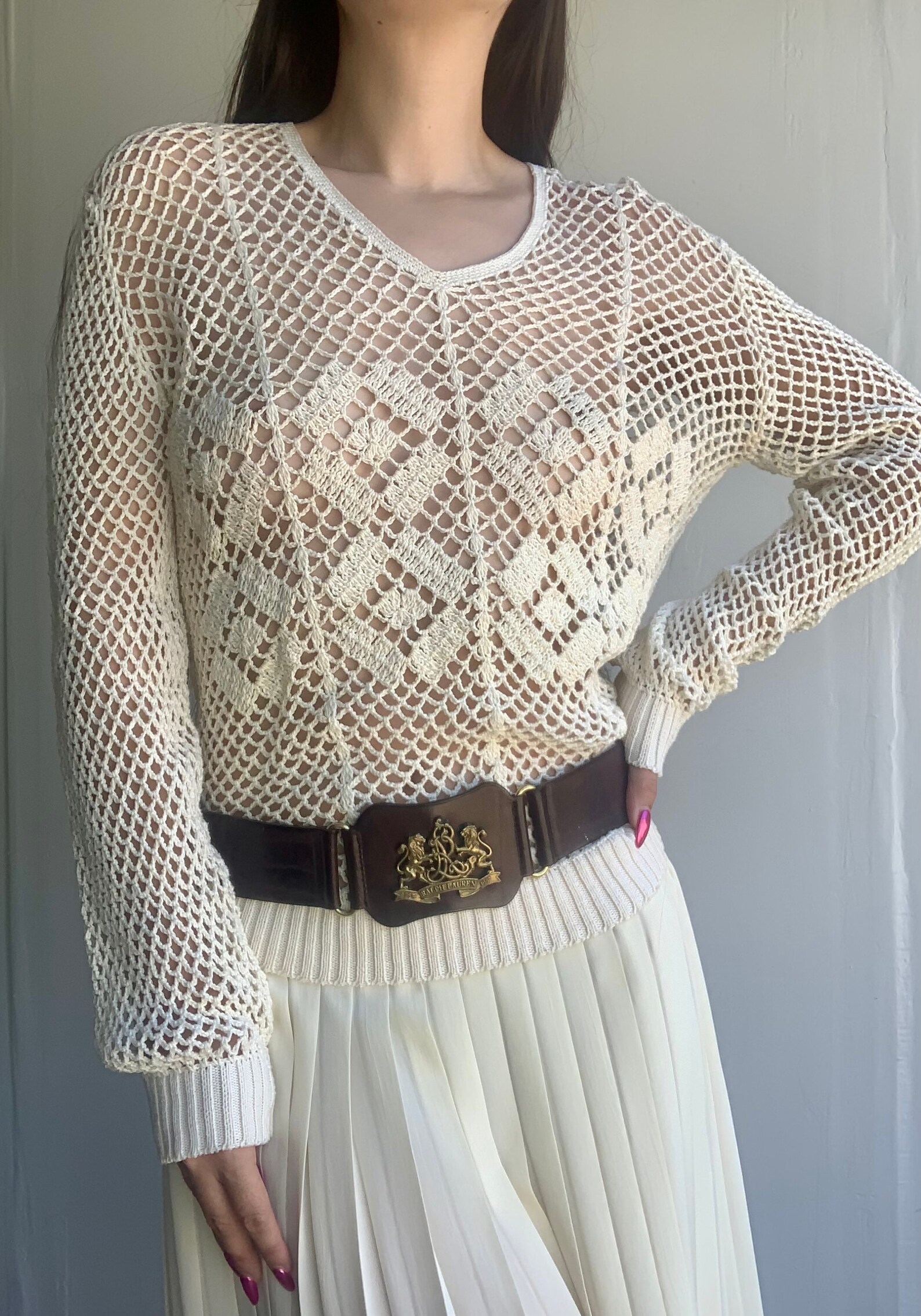 Women's Crochet Cream Asymmetric Hem Top