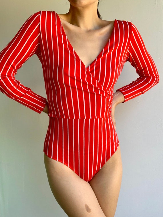 SALE: Red With White Stripes Long Sleeve Nylon Bodysuit 