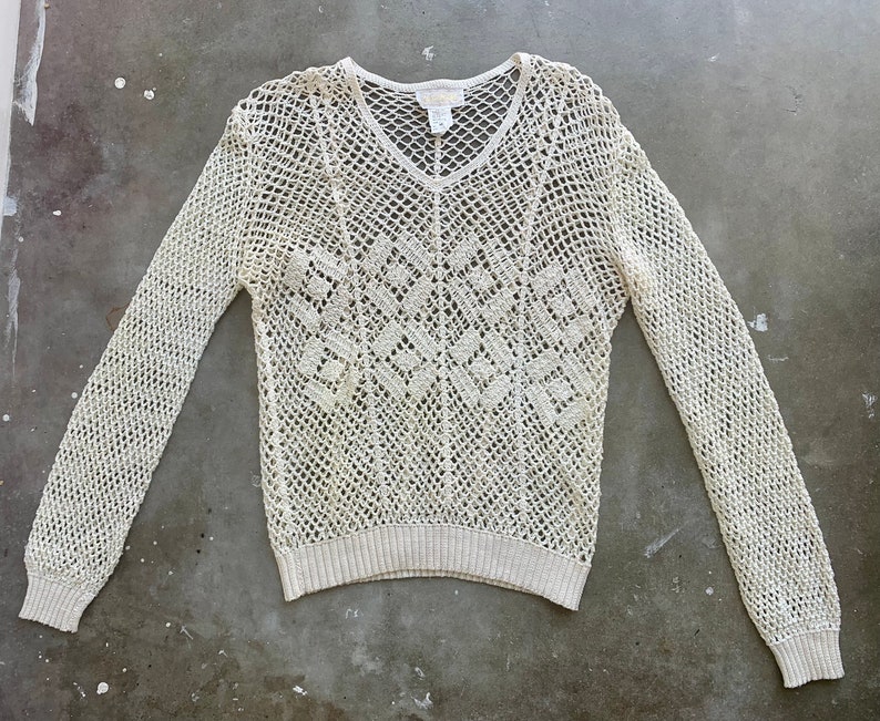 Caramel Open Crochet Round Neck Long Sleeve Top