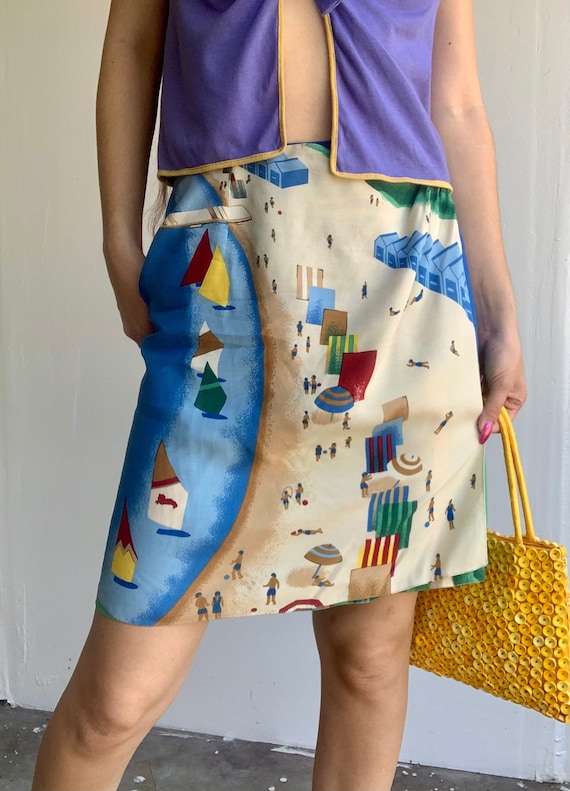 Vintage Beach Scene Wrap Skirt