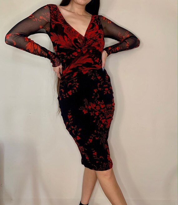 fitted lace wedding dress London Red Pearl Mesh Long Sleeve Dress