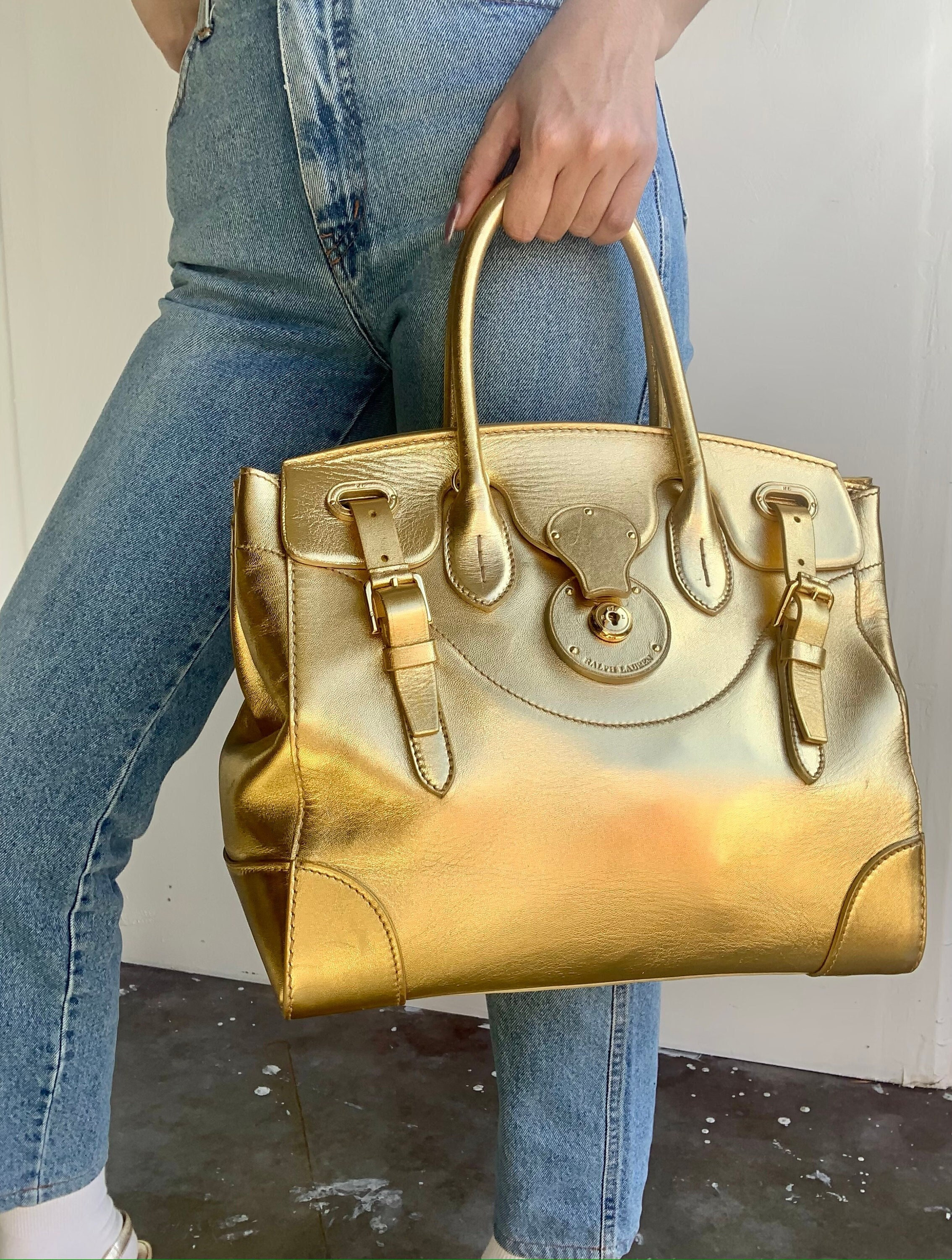 Ralph Lauren Iconic Collectable Soft Ricky Gold Metallic Leather Bag
