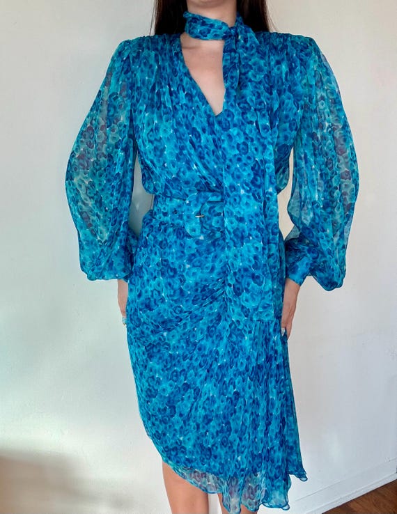 Givenchy, Vintage 80’s Givenchy Blue Silk Floral Dress Set