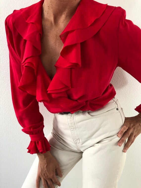 Vintage 80’s Jerri Sherman Red Ruffled V Neck Silk