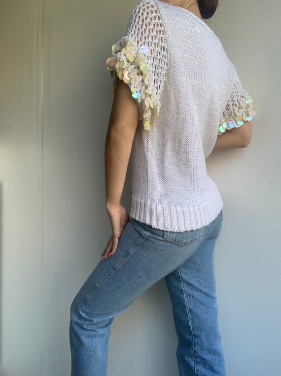 White Short Sleeve Sweater with Embellished Sleev… - image 3