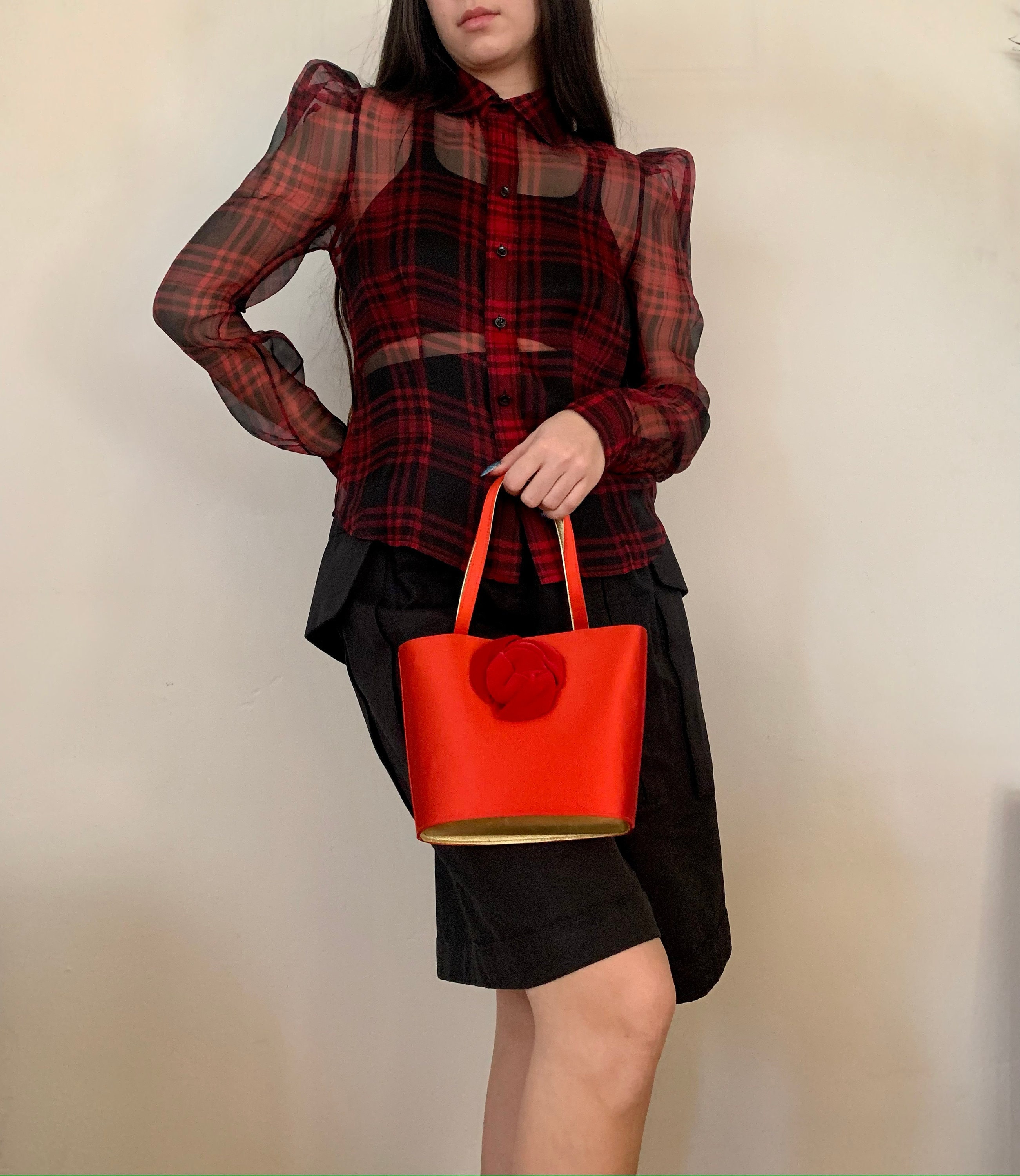 ESCADA ハンドバッグ レッド Vintage 80's ESCADA Red Satin Mini Bag With Crushed Velvet Rose - Etsy