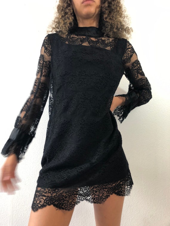 Vintage 60’s Black Mod Lace With Long Sheer Sleev… - image 4