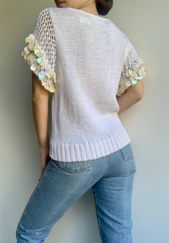 White Short Sleeve Sweater with Embellished Sleev… - image 4