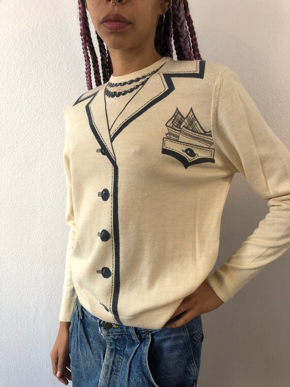 Vintage 50’s Print On Ivory Wool Sweater - image 4