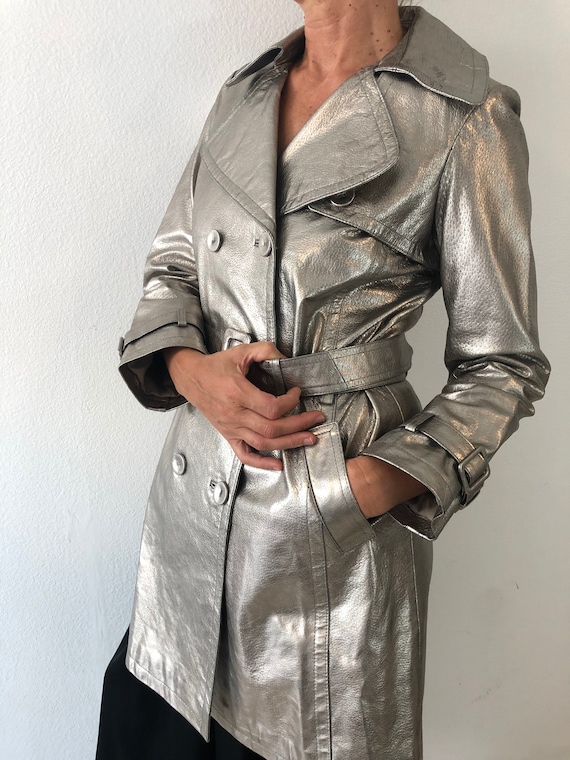 Vintage Silver Leather Trench Coat