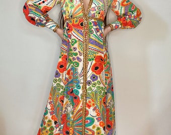 Vintage 60's JOSEPH MAGNIN Printed Jumpsuit With Gold Sequin Trim