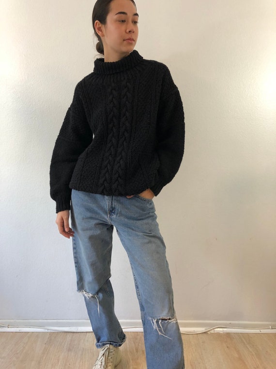 Vintage Nancy Heller Black Cable Knit Cotton Turtl