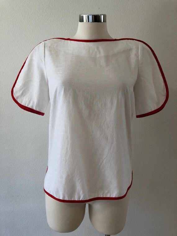 80’s Jeanne Marc White Cotton With Red Hem Blouse