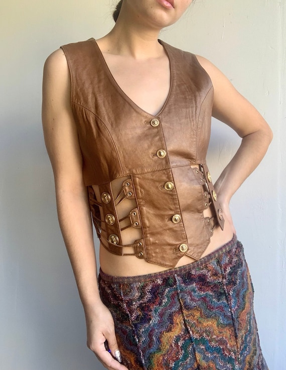 Brown Leather Cache Lion Button Cut Out Vest