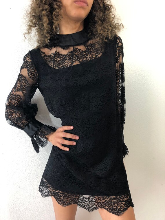 Vintage 60’s Black Mod Lace With Long Sheer Sleev… - image 3