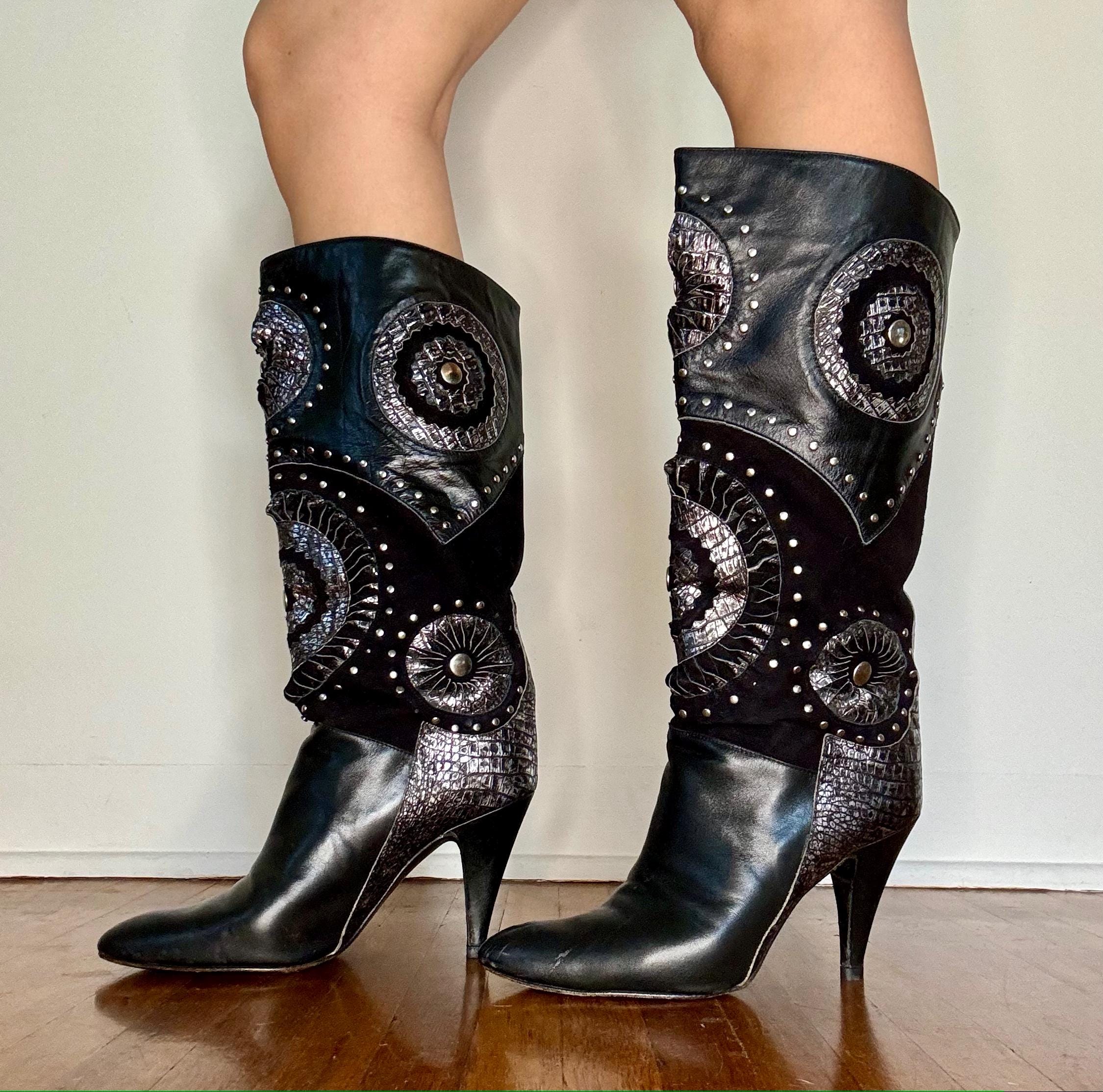 靴 Vintage Studded Design Boots Vintage 80's Leather and Suede Decorative Studded Boots