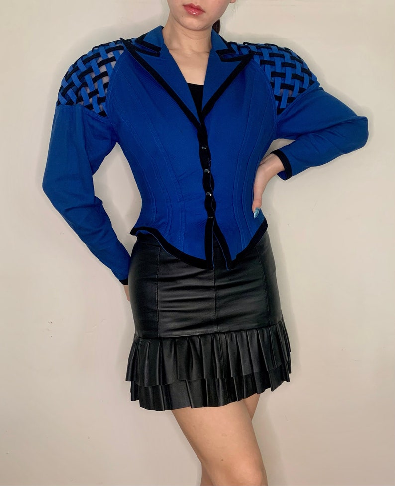 Vintage 80s Blue & Black Corset Fitting Top image 1