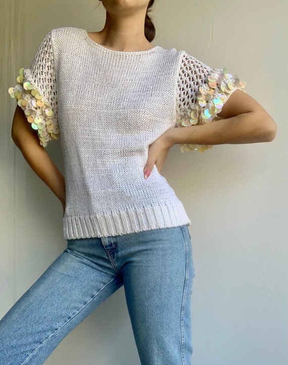 White Short Sleeve Sweater with Embellished Sleev… - image 1