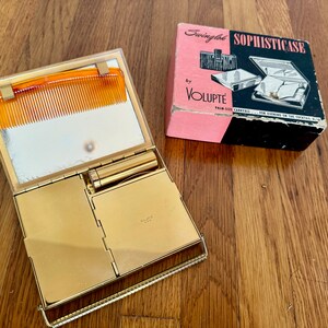Vintage Volupte 40er/50er Jahre Gold Metall Clutch mit Kristall-Dekor Abendtasche Hardcase Make-up Kompakt Bild 2