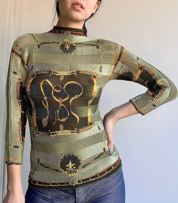 SALE: Y2K Alberto Makali Olive Printed Crinkle Top - Etsy