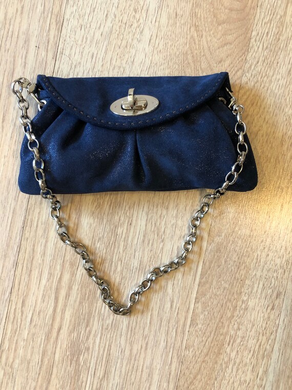 Vintage Carla Mancini Shiny Navy Leather Bag With Sil… - Gem