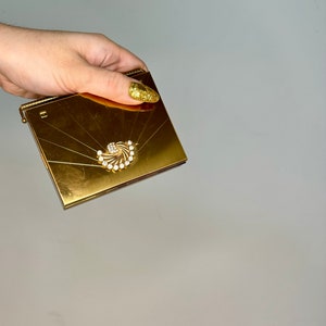 Vintage Volupte 40er/50er Jahre Gold Metall Clutch mit Kristall-Dekor Abendtasche Hardcase Make-up Kompakt Bild 5