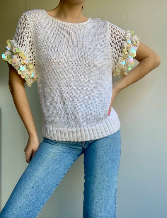 White Short Sleeve Sweater with Embellished Sleev… - image 2