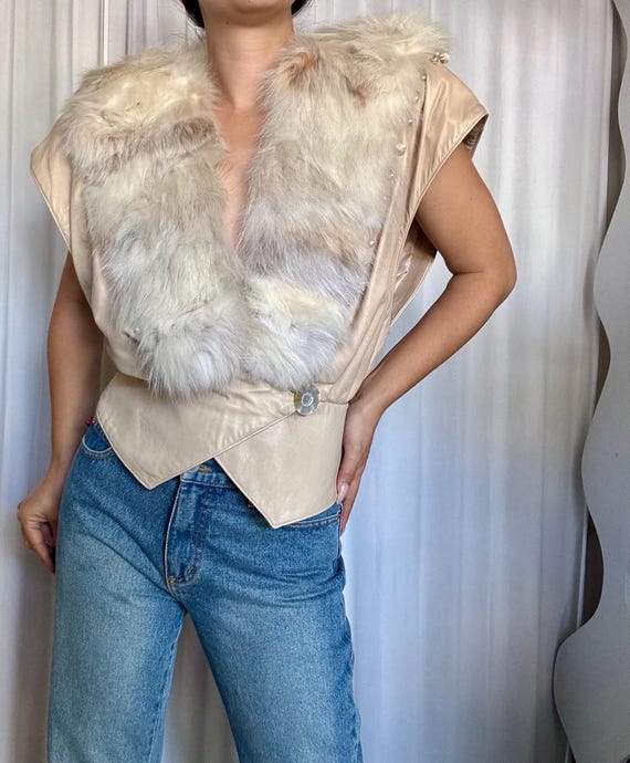 Vintage 80’s Kip Kirkendall Embellished Leather Vest with Fur Collar