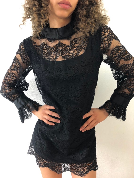 Vintage 60’s Black Mod Lace With Long Sheer Sleev… - image 2