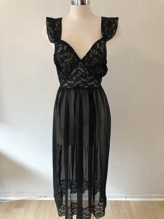 SALE: Vintage 40’s Black Sheer Lace Night Gown Lin