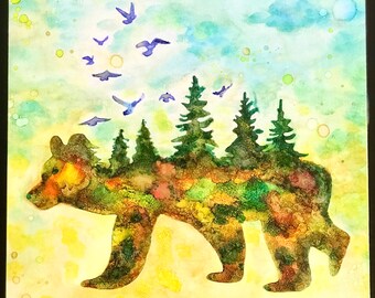 Alcohol Ink Painting  "Nature & the bear"