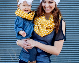 Mommy and Me Matching Infinity Scarf Mustard Yellow Polka Dot Adult Baby Toddler Child Scarf