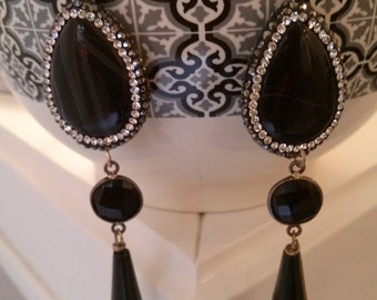 Earrings Party Black Agate with Rhinestones ,Onix and Obsidian