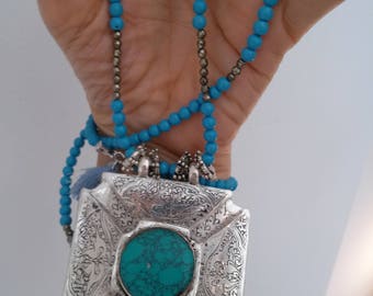 Necklace Boho with  Turquoise and Pyrite with Turquoise Afgan pendant