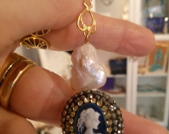 Earrings NEW Cameo Blue NIght with Rhinestones and Mother of Pearl