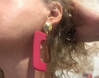 Spectacular Pink  Enameled Horn Rectangle Earrings