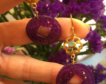 Earrings Filigree  Purple Jade Delicate with Filigree Gold Filled Chalcedony