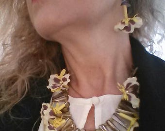 Necklace  NEW Spring Flowers Yellow  and Brown Sticks Mother of Pearl