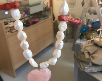 Necklace wonderful Freshwater Pearls with Coral Branches and Rose Quartz Heart hanging