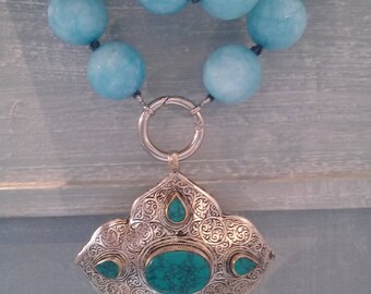 Necklace Splendid Blue Sky Agate with Vintage Turquoise Afgan Pendant