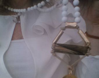 Necklace Exquisite Mother of Pearl Beads  Pyrite with Wood Tusk  and Gold Metal Mother Pearl Pendant