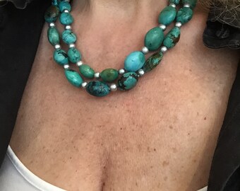 Wonderful Necklace Turquoise with gray Freshwaters Pearls Boho Necklace