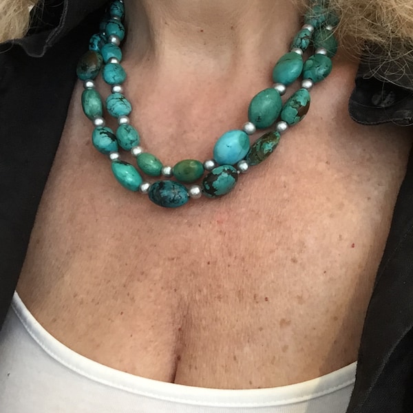 Wonderful Necklace Turquoise with gray Freshwaters Pearls Boho Necklace