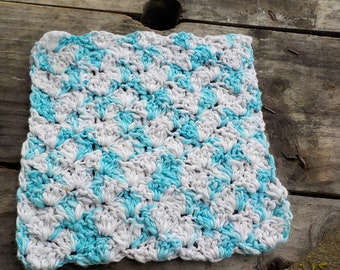 square knitted washcloth in blue and white cotton. Bath time softness 15% OFF!!