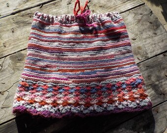 leftover skirt v in pinks, grey and blues crocheted