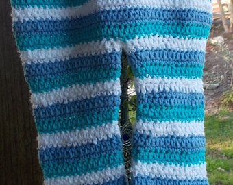 child's hand crocheted leggings. cotton and cotton blend yarns. blue and white