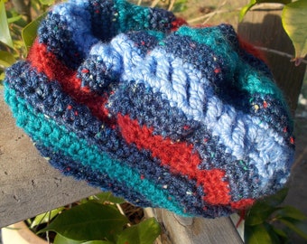 crocheted beret pure wool blue green and red child's medium. ON SALE!!