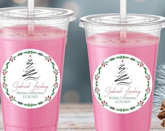 Holiday Party Cups | Custom Christmas Drink Cups with Personalized Labels | Festive Event Cups | Corporate Holiday Party Favor