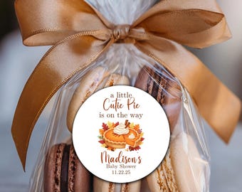 A Little Cutie Pie Baby Shower Labels | Fall Pie Theme Favor Stickers | Personalized Autumn Baby Shower Tags | Pumpkin Pie Round Labels